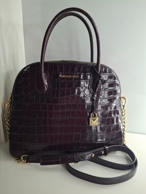 Michael Kors Mercer Crocodile-Embossed Leather Dome Satchel burgundy EUC